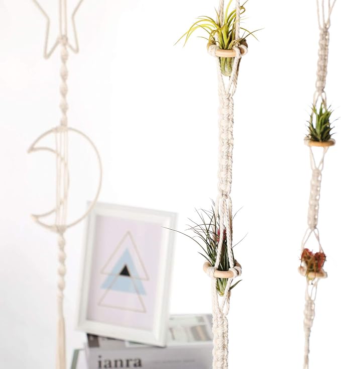 Shappy 4 Pieces Air Plants Holders Hanger Air Plant Wall Hanger Handmade Rope Hanging Plant Holder Woven with 4 Hooks for Home Decoration