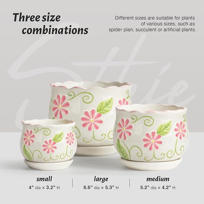 Pink Ceramic Flower Pots, 4"+5.2"+6.6" Inch Small Flower Pots for Indoor Plant with Drainage Hole,Modern Decorative Plant Pots Set of 3, Indoor Planters with Saucer