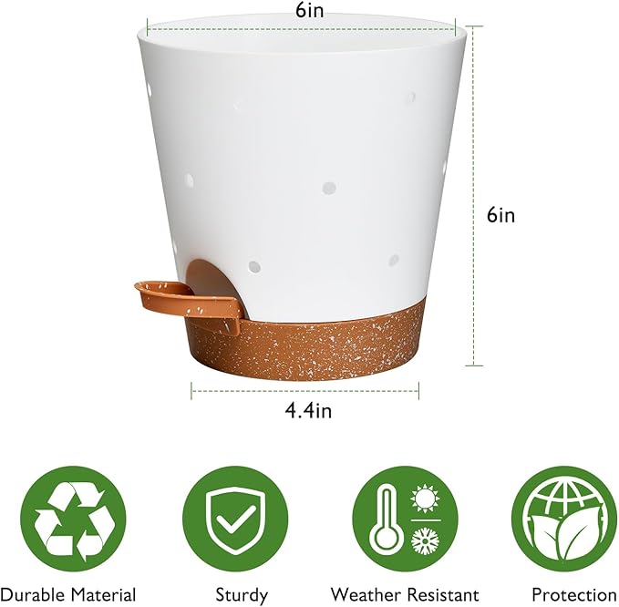 Vanslogreen Orchid Pots with Holes, 6 Inch Self Watering Orchid Pot 2 Pack Plastic Plant Pots for Orchid, Flower (White+Brown)