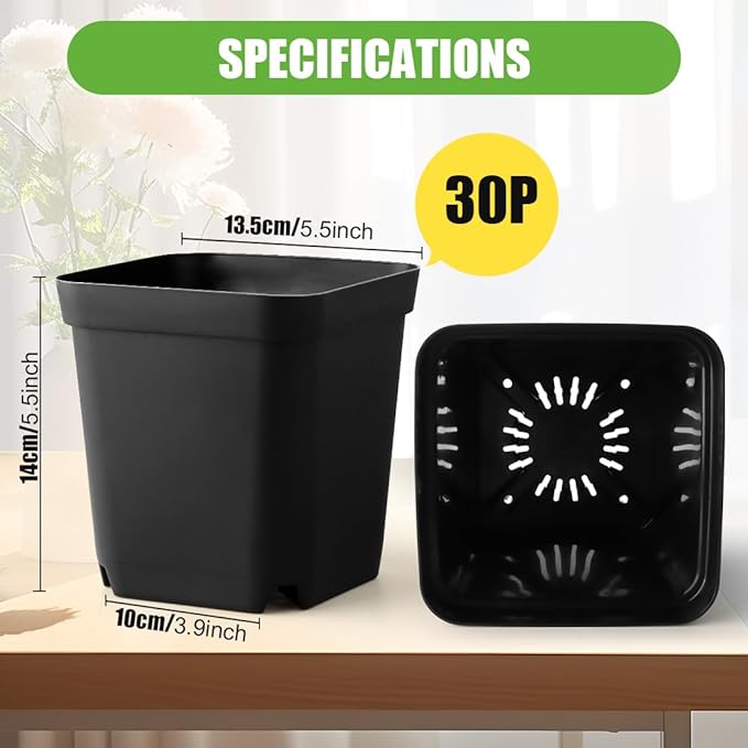 RooTrimmer Square Nursery Pots 5.5 Inch, Plastic Plant Pot with Drainage Holes, 30 Pcs Reusable Seedling Starter Pots Garden Flower Pots Planters for Indoor Plants, Transplanting, Succulents, Cuttings