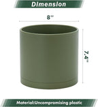 D'vine Dev 8 Inch Plastic Planter Pots for Plant Pot with Drainage Hole and Seamless Saucers, Olive, 74-X-I-1