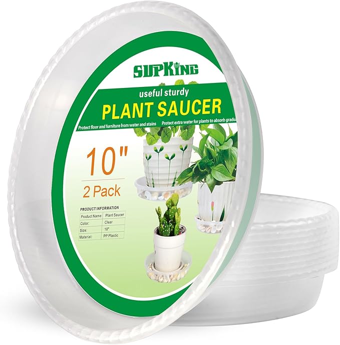 SupKing 2 Pack Plant Saucers Drip Tray 10 Inch Heavy Sturdy Plastic Flower Pot Saucers for Indoor,Clear Plastic Planter Water Tray for pots Base (10''-Clear)