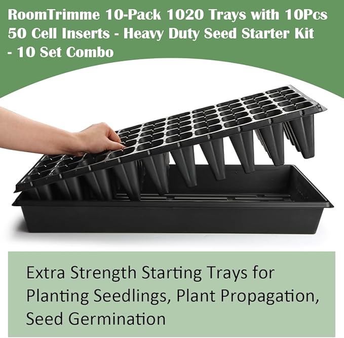 RooTrimmer 10 Pack 1020 Trays and 10 Pack 3.5" Deep 50 Cell Seed Starter Trays, 20" x 10" - Durable Plastic Nursery Flats for Microgreens, Seedling,Seed Germination & Plant Propagation (10 Set)