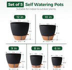 T4U 5 Pack Self Watering Pots (6"+8"+9"+10"+12") - Water Level Indicator & Deep Reservoir, Mess-Free Planters for Busy People, Beginners & Gardeners, Fit Most Plants, Indoor Outdoor Use (Black)