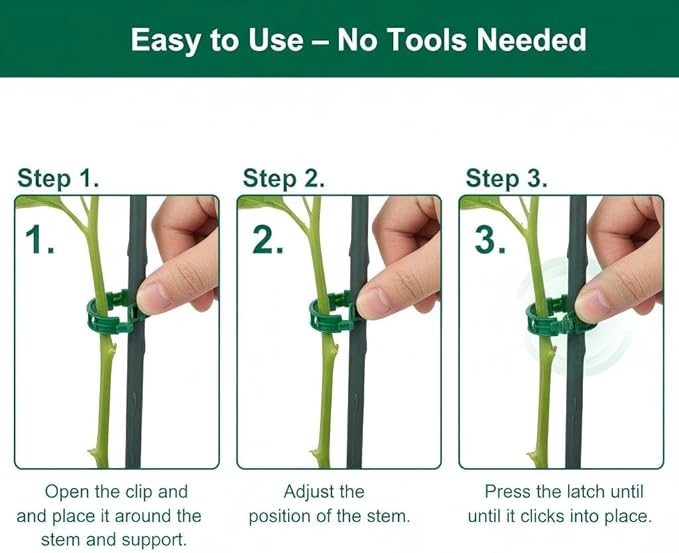 100Pcs Plant Support Clips - Plastic Stem Clips for Climbing Plants, Tomato Vines, Grape Vegetables, Secure & Reusable Garden Clips (Green)