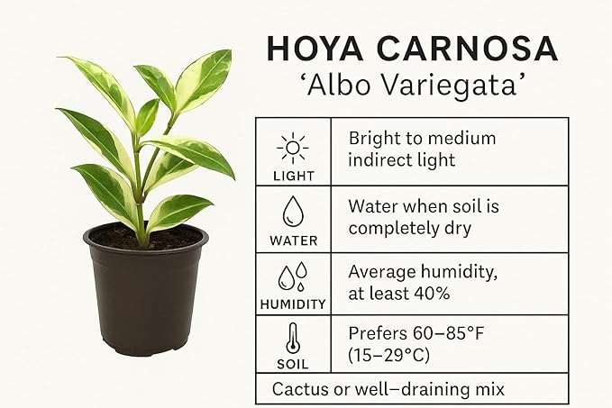 Hoya Carnosa Albo Variegata, 4 Inch Live Indoor Wax Plant, Green and Cream Variegated Leaves, Air Purifying Trailing Houseplant