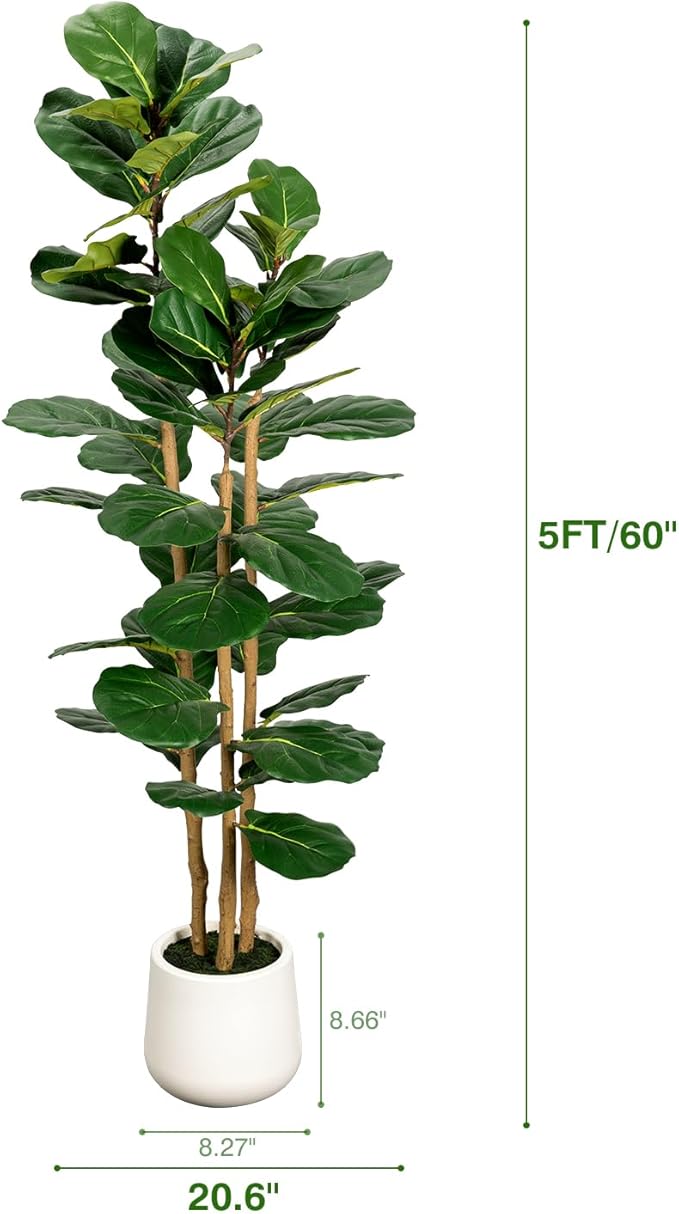 Artificial Fiddle Leaf Fig Tree in Modern White Planter, 5ft Large Fake Tree with 3 Sturdy Trunks, Fake Plants Faux Fig Tree with Moss, Lifelike Tall Artificial Plants Indoor for Office Home Decor