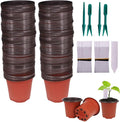 200 Pcs 4 Inch Plastic Seedlings Plants Nursery Pots with 200 Pcs Waterproof Plastic Plant Tags and 2 Set Transplanting Digging Mini Tools for Outdoor use(Red Brown)