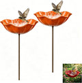 Handmade Metal Flower Garden Stake Bird Bath, Hummingbird Feeder, Bee & Butterfly Puddler, Mini Pollinator Watering Station for Garden Patio Lawn Yard Decor, Orange, 2PCS