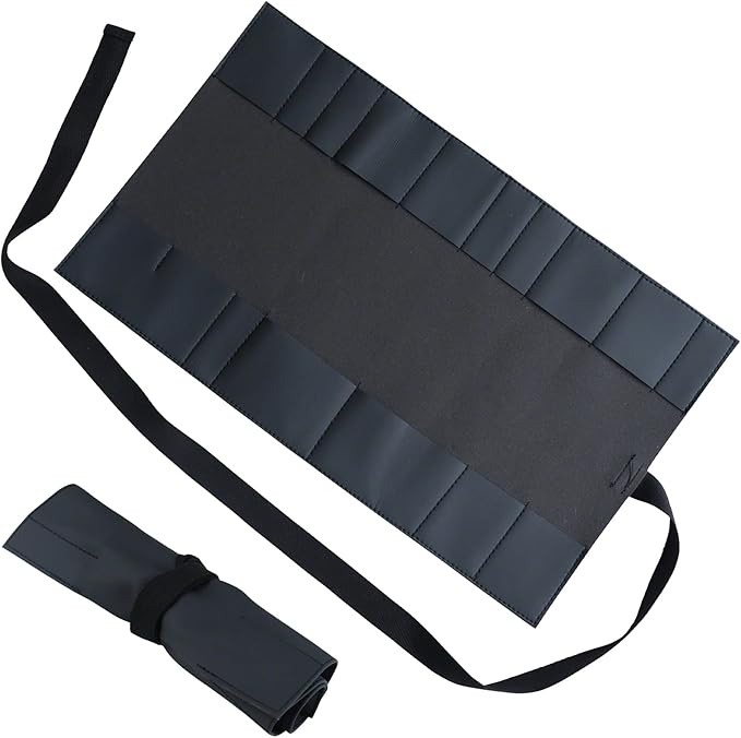 Wazakura Made in Japan Bonsai Tool Case with 16 pockets in Polyurethane Leather, Japanese Garden Tool Kit Roll Storage Bag - 16 Pockets Black PU Leather