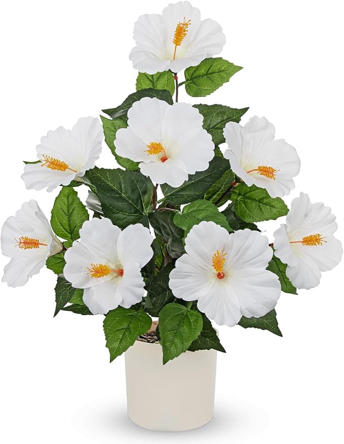 Briful Artificial Hibiscus Potted Plant 20.8” Tall, Realistic Silk Hibiscus Flowers Farmhouse Table Decor, Faux Tropical Flower Plant in Pot for Living Room Table, Entryway, Office, Home Decor, White