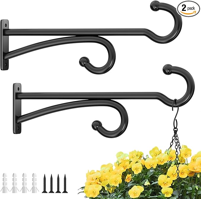 pickpiff 14-Inch Plant Hooks for Hanging Baskets: Plant Hangers Outdoor Indoor, Planters Wall Brackets for Hanging Plants, Bird Feeders, Wind Chimes, Bird Houses, Flower, Metal, Black