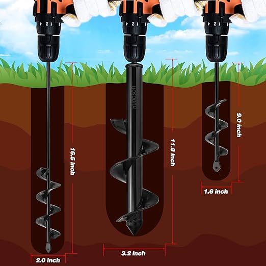 3Pcs Garden Drill Auger Planter, 1.6x9 +2x16.5 +3.2x11.8 in>Ruooson Spiral for Planting Flower Bulb Auger, Rapid Planter Digger for 3/8" Hex Drive (1.6x9 in+2x16.5 in+3.2x11.8 in)