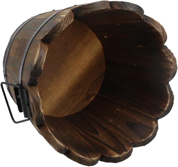 MY MIRONEY Plant Pots, Vintage Wooden Barrel Planter - Solid Rustic Garden Flower Pot with Metal Handles & Frame for Indoor Planter, Office Home Decor, Garden Home Plants, 7.28" x 5.91"