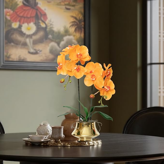 CXGS Orchids Artificial Flowers Realistic Fake Flowers in Ceramic Vase 20" Orange Faux Plants Indoor Lifelike Soft PU Phalaenopsis for Centerpiece Hotel Home Decor
