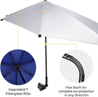 G4Free UPF 50+ Adjustable Beach Umbrella XL with Universal Clamp for Chair Stroller Wheelchair Golf Cart Bleacher Patio
