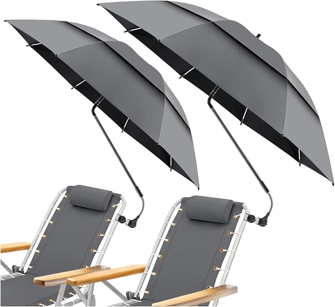 2 Pack 48.6" Double Canopy Umbrella with Clamp, UPF50+ Beach Chair Umbrella with clip, 360°Adjustable Portable Outdoor Wheelchair, Patio, Golf Carts,Camping(Not Include Chair)
