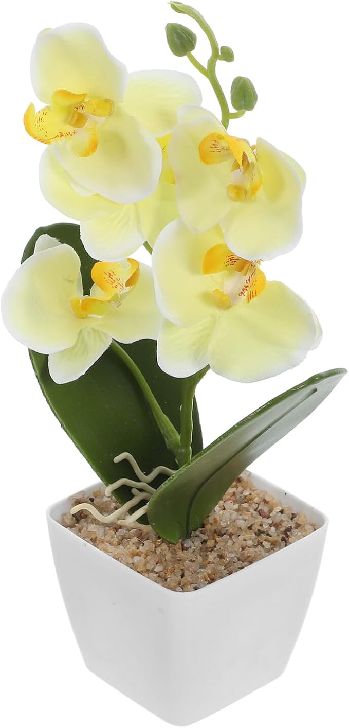 Artificial Orchid Flowers in Yellow Plastic Pot Faux Silk Orchid Arrangement for Home and Office Decor for Living Room Table Centerpiece