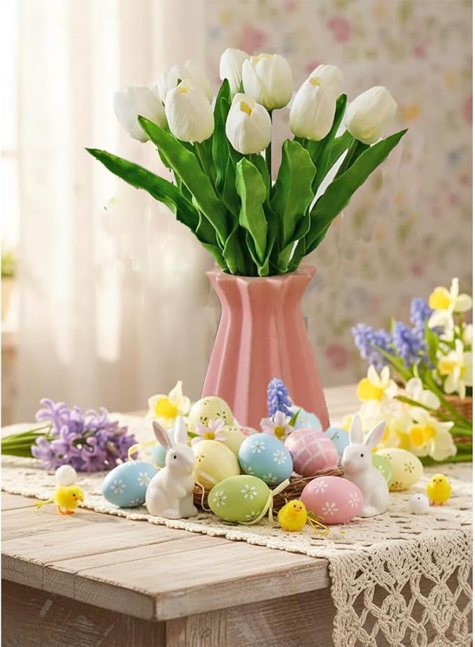 Mandy's White Artificial Tulips Flowers Centerpiece, 17.7" Lifelike PU Fake Floral Stems 6pcs for Kitchen Island & Dining Table, Spring Decor for Easter