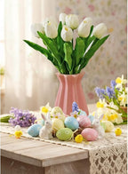 Mandy's White Artificial Tulips Flowers Centerpiece, 17.7" Lifelike PU Fake Floral Stems 6pcs for Kitchen Island & Dining Table, Spring Decor for Easter