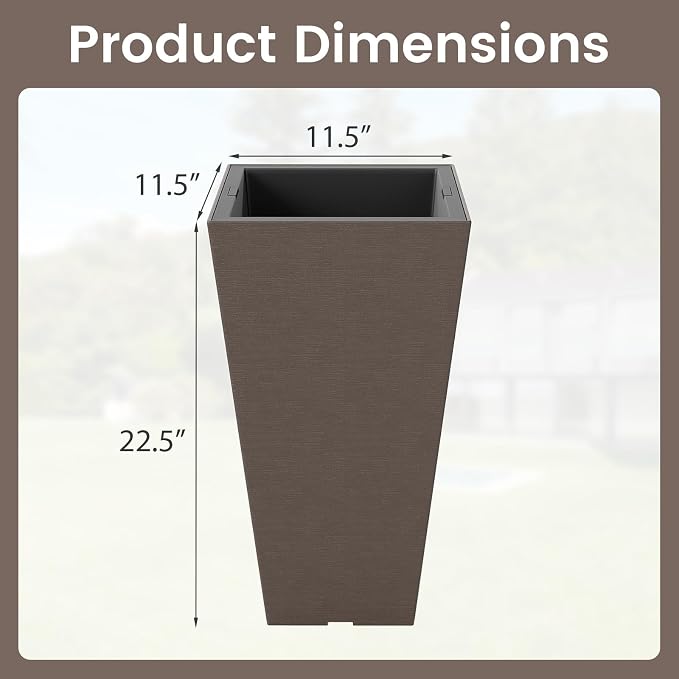 Giantex Square Taper Planter Set of 2, Self-Watering Flower Pots with/Removable Inner Bucket & Drainage Holes, Indoor Outdoor Decorative Plant Container for Porch Balcony (Brown,11.5"x11.5"x22.5")