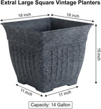 18'' Large Square Planter for Plants - 4 Pack Imitation Cement Plastic Flower Pots with Drainage Holes & 2cm Raised Base, 14 Gal Decorative Stone Like Garden Pot, Retro Plant Container
