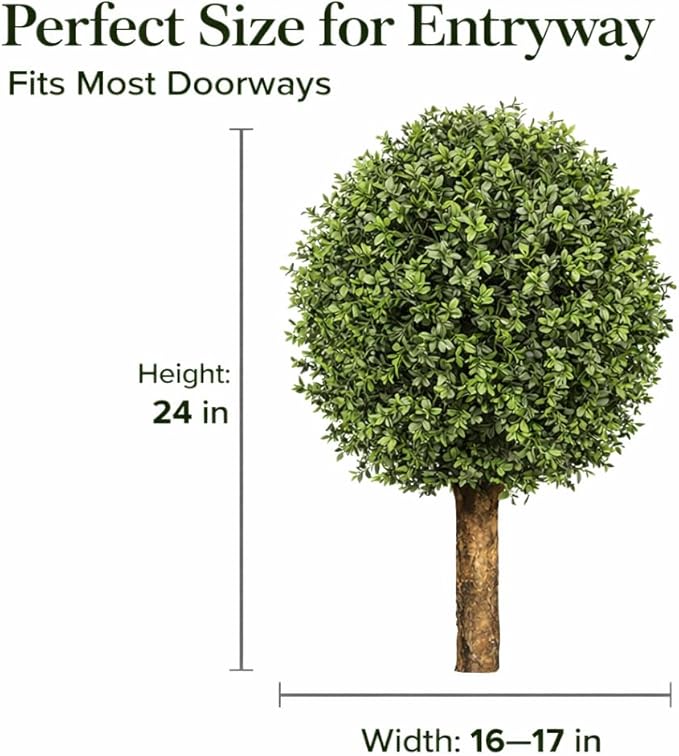 Artificial Boxwood Topiary Tree, 24" Faux Outdoor Plant in Pot, UV Resistant Fake Greenery for Front Porch, Patio, Entryway & Garden Decor