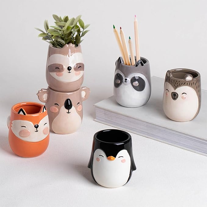 Porcupine Animal Ceramic Planter for Indoor and Outdoors, 3 x 3 x 4 in., Cute Hand Painted Designed in Argentina, Convenient Drain Hole