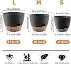 QRRICA Self-Watering Plant Pots with Water Level Indicator, Drainage Holes & Saucers – 12/10/9 Inch Large Plastic Planter Set for Indoor & Outdoor Plants(Black)