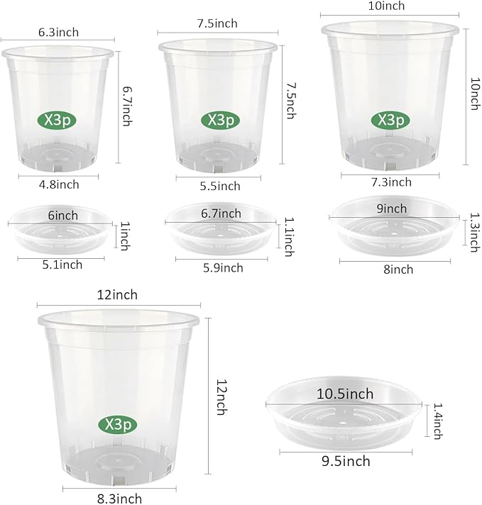 BTPLASTIK 1/2/3/5 Gallon Clear Nursery Pots with Saucers 4 Size Set 12P, Round Plastic Plant Pots with Drainage Holes