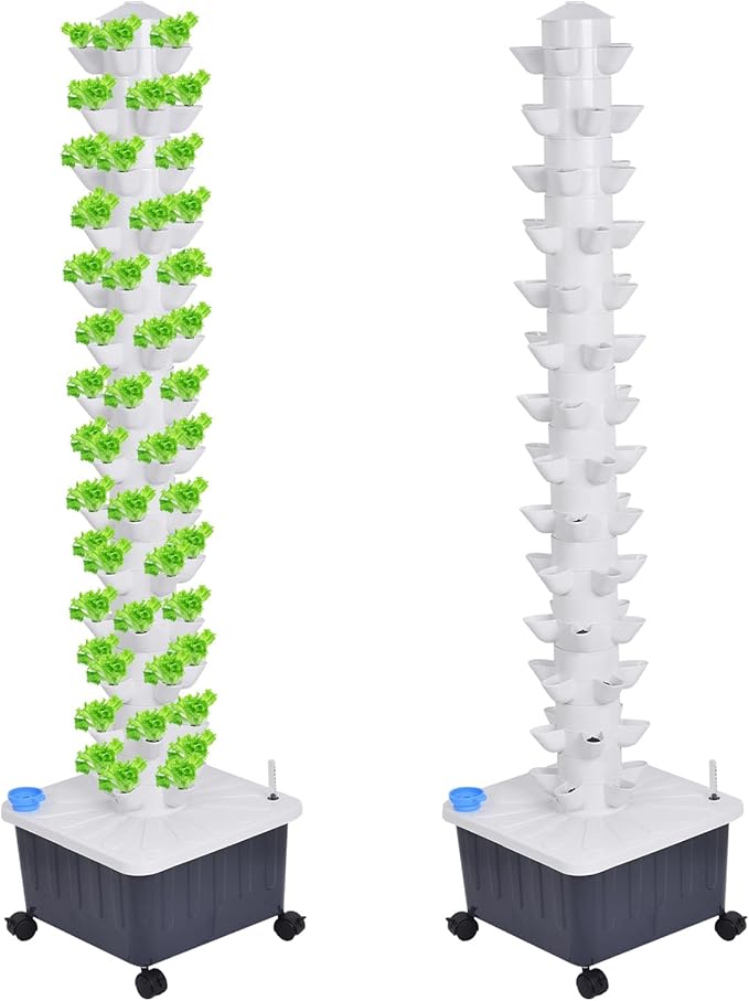 14-Layer 70 Slots Hydroponic Grow Tower Kit, Vertical Indoor Outdoor Growing System with Movable Water Tank, Hydrating Pump, Timer and Adapter for Vegetables, Strawberries, Lettuce