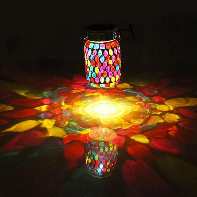 2pack Solar Mosaic Outdoor Waterproof Cool Blue Mosaic jar Decor Christmas Gifts for Women Mom Grandma Halloween Hanging Solar Lights Decoration Outside for Yard, Patio,Backyard,Porch (Modern)