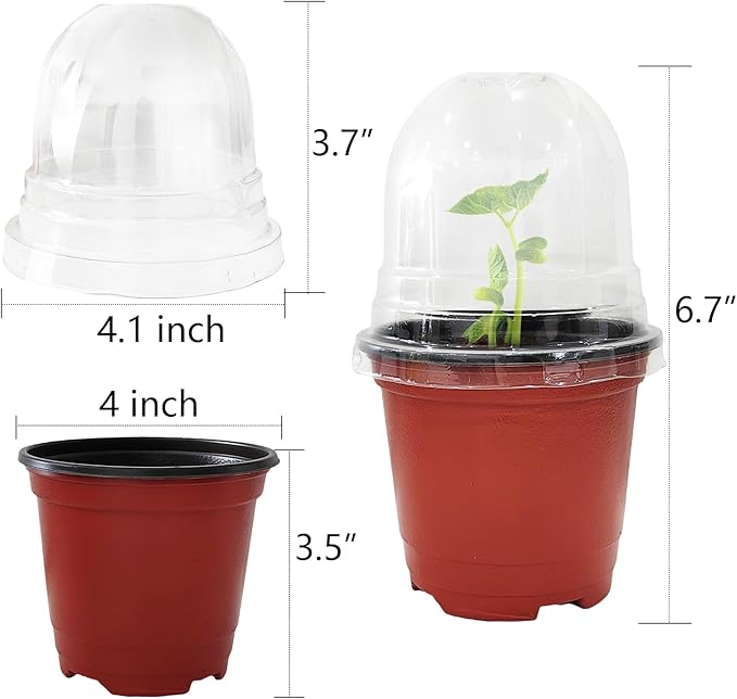 RooTrimmer Plant Nursery Pots with Humidity Domes, 25 Sets 4 Inch Soft Nursery Pots Quality Ones (25 Red Pots + 25 Clear Lids), Seeds Starter Pots Small Planter Containers