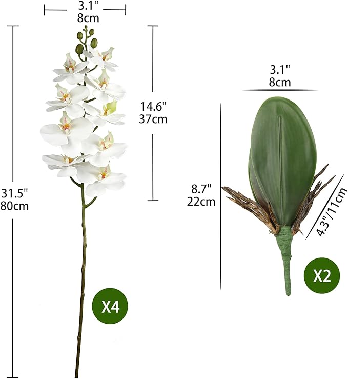 DILATATA 4 Pcs Artificial Orchid Stems with 9 Large Flowers Real Touch Phalaenopsis Orchids Flowers Fake Flower Branches 31.5" Tall for Home Arrangement -White Green Orchid