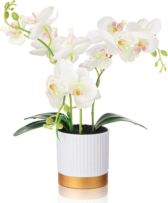 XunYee Orchid Artificial Flowers in Pot 15 Inches Artificial Orchid Flowers Phalaenopsis Potting for Home Office Wedding Bathroom Centerpiece Decor(White)