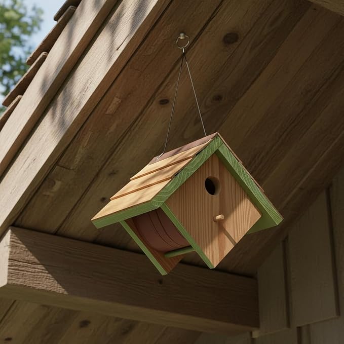 Large Cedar Bluebird House for Outside - Bamboo Shingles Roof Birdhouse for Bluebirds - Weather Proof Metal Protected - 13/16” Thickness Heavy Duty - Detachable and Easy Cleaning (1.5" Hole)