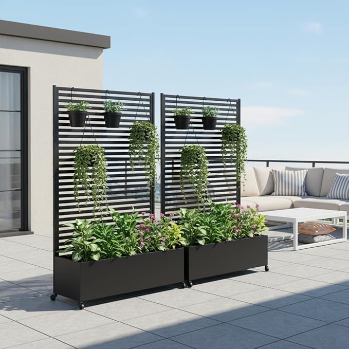 Metal Planter Box with Trellis Privacy Screen, Raised Garden Bed with Trellis & Wheels, Privacy Planters for Patio, Planter Box with Drainage Holes for Climbing Plants, 73"x 47"x 16", Black