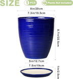 Round Ceramic Planter - Modern 8 Inch Plant Pot with Drainage Hole and Tray for Flower Indoor Outdoor Garden Decor Blue