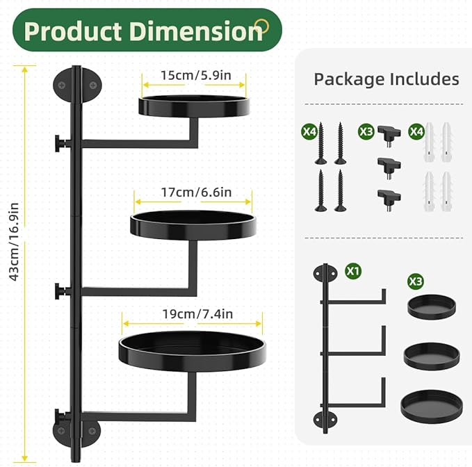 Rotating Window Plant Shelf Wall Plant Shelf Indoor Metal Plant Stand Window Shelves for Plants 3 Tier Plant Stand Wall Plant Holder Wall Planters for Indoor Plants, Outdoor Plant Stands for Patio, Black