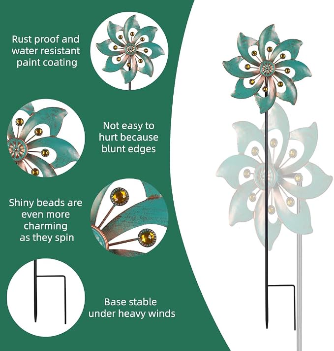 VEWOGARDEN Single-Blade Wind Spinner, Outdoor Metal Wind Spinner with Floral Design for Yard, Garden, Lawn Decor, 10 Inch, 2 Pack