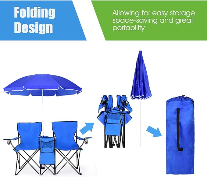 Goplus Double Camping Chair with Umbrella, Folding Loveseat Chairs w/Canopy Shade, Carrying Bag, Table, Cup Holder, Portable Beach Chairs Outdoor Picnic Patio (Blue)