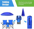 Goplus Double Camping Chair with Umbrella, Folding Loveseat Chairs w/Canopy Shade, Carrying Bag, Table, Cup Holder, Portable Beach Chairs Outdoor Picnic Patio (Blue)