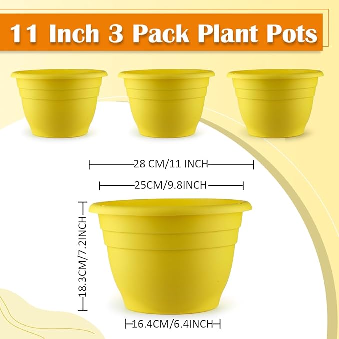 3 Pack 11 Inch Plant Pots for Indoor Outdoor,Plastic Floor Planters with Drainage Holes,Lightweight Flower Pots for Home,Patio & Garden(Yellow)