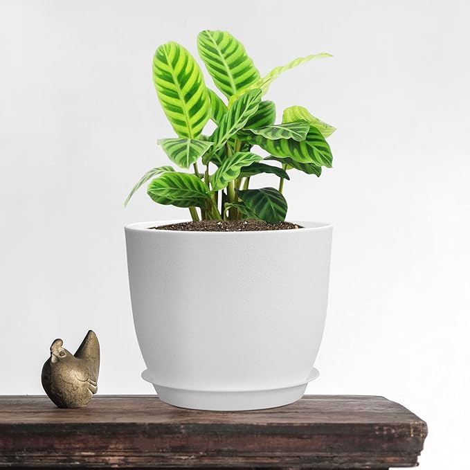 UOUZ 12/10/9 Large Plant Pots, Plastic Planters with Drainage Holes and Saucers for Indoor Outdoor Plants Flowers, White