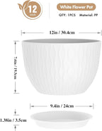 WSMKSZ 12 Inch Large Plant Pots for Indoor or Outdoor Plants, Wide Water Ripples Flower Pots with Drainage Holes & Saucer, Plastic Planters Set for Garden & Home Decor (White)