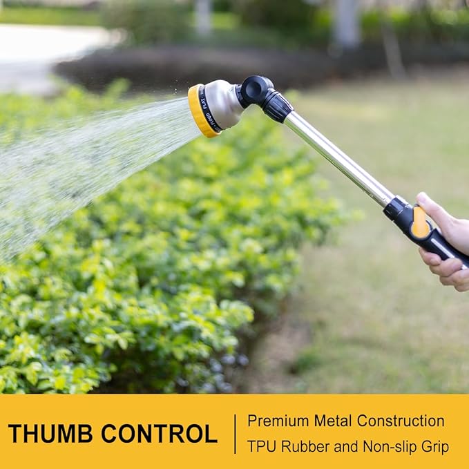 FANHAO 16-Inch Metal Watering Wand, Heavy Duty Garden Hose Wand with 9 Spray Patterns, 180° Rotating Long Hose Nozzle Sprayer Thumb Flow Control, Ideal to Water Hanging Baskets and Shrubs - Yellow