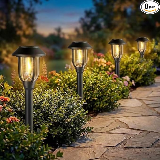 Solar Pathway Lights Outdoor 8 Pack, Warm White Solar Path Lights, Waterproof Energy Efficient Landscape Lights Decorative Auto On/Off, Solar Garden Lights for Yard Walkway Driveway Patio