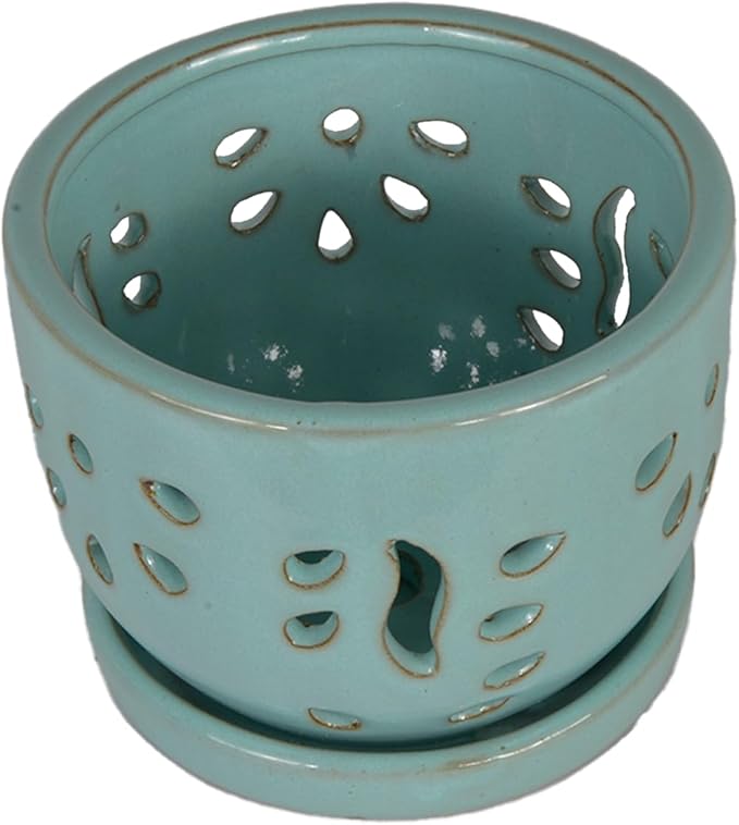W&W Orchid Pot with Holes and Saucer for Repotting, Turquoise, 5.8"