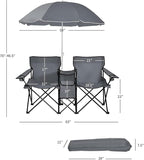 Goplus Double Camping Chair with Umbrella, Folding Loveseat Chairs w/Canopy Shade, Carrying Bag, Table, Cup Holder, Portable Beach Chairs Outdoor Picnic Patio (Grey)