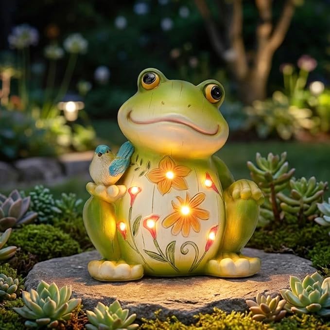 IVCOOLE Outdoor Frog Sculptures,Solar Resin Garden Outdoor Statues,Mother's Day Frog Gifts Sculptures Decorations for Home Patio,Yard,Lawn, Porch, Ornament